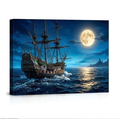 Galleon Ship Full Moon Ocean Night Scene Canvas Wall Art Home Decor Poster