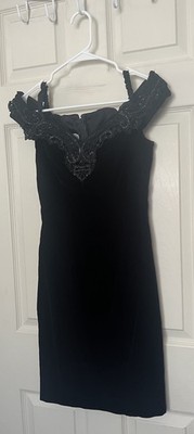 Vtg Zum Zum Off Shoulder Formal Dress Black Velvet Lace Whimsigoth Womens 3/4