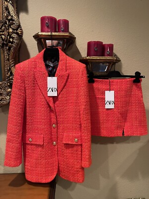 100% Authentic ZARA Orange Textured Blazer and Skirt Sets Size: XS