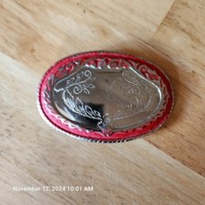 Vintage 1970's Silver Floral Decor Red Border Belt Buckle Western Style Buckle
