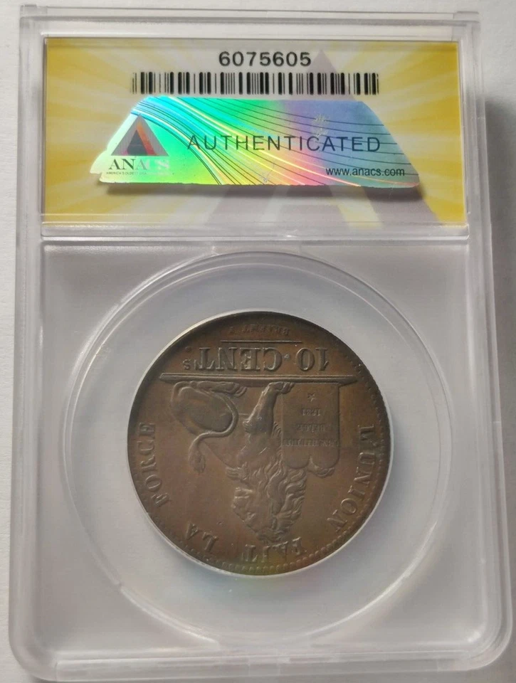 1832 BELGIUM 10 CENTIMES LEOPOLD I BETTER DATE Certified AU 53 Details ANACS 3A - Image 2 of 4