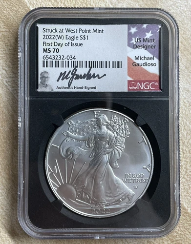 2022 (W) $1 American Silver Eagle NGC MS70 FDI Michael Gaudioso Flag Label
