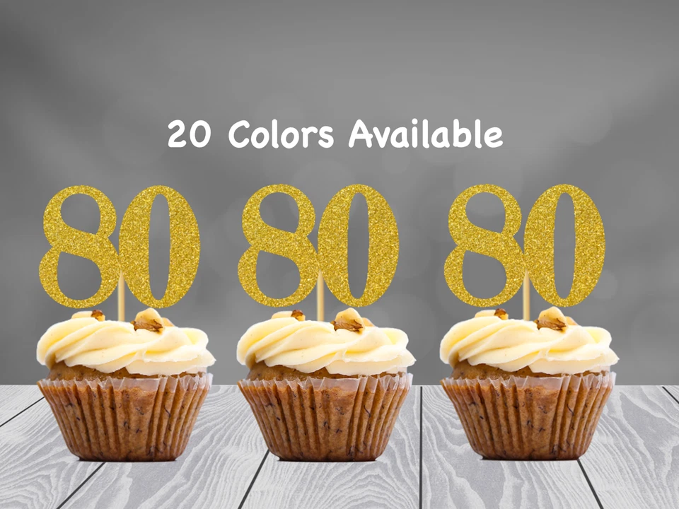 Toppers para Cupcakes 80 Cumpleaños Decoraciones de Fiesta (JUEGO de 12) 20 Colores Disponibles Foto 3 de 4