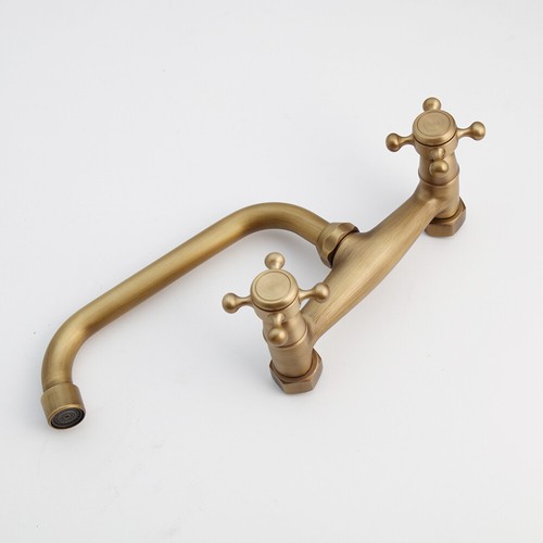 Antique Brass Bathroom Basin Faucets Water Mixer Wall Mounted Dual Handles Taps - Picture 15 of 35