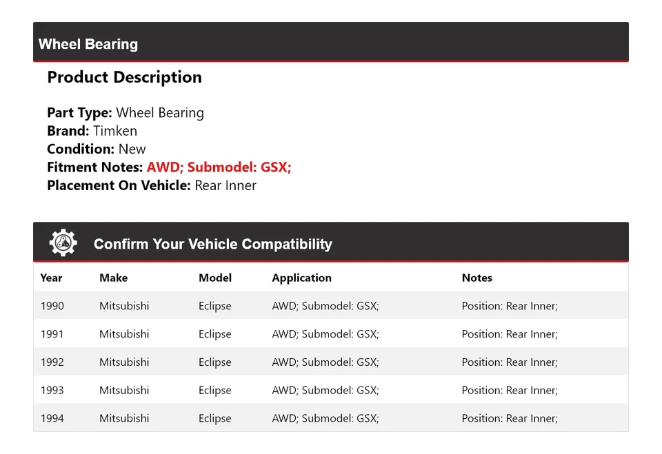 Cojinete de rueda interior trasero Timken 1991 para Mitsubishi Eclipse GSX 1990-1994 AWD Foto 2 de 4