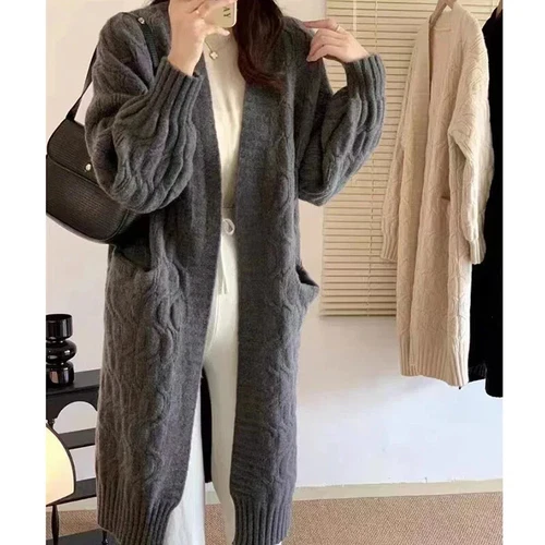 Women Long Cardigan Coat With Pockets Winter Sweater Jacket Ribbed Overcoat - Picture 2 of 21