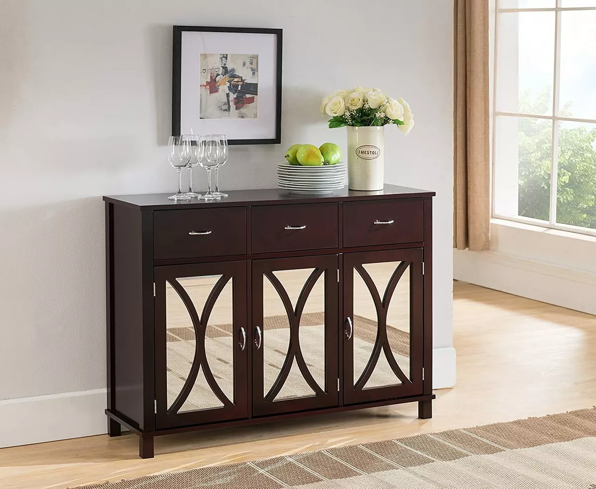 Espresso Wooden Buffet Server Sideboard Mirror Storage Cabinet