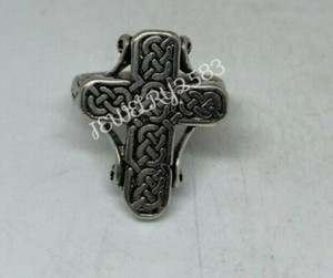 Authentic Solid Metal Men's Religious Cross Charm Ring 14k White Gold Plated Silver