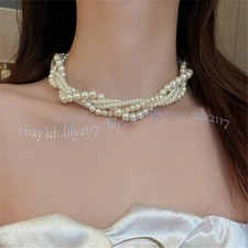 Women 4 Strands White Shell Pearl Round Beads Twining Choker Necklace 14-36''