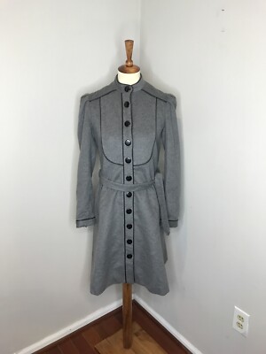 ADAM LIPPES Gray Wool Blend Coat Silk Lined Belted Leather Trim USA SMALL S