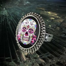 Pink Day of the Dead Halloween Skull Handmade Adjustable Ring