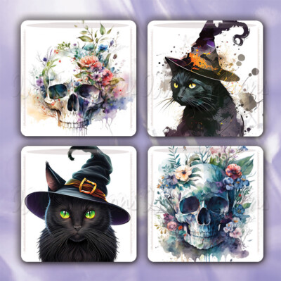 Watercolor Style Black Cat Skull Floral - Set of 4 Glass Tile Magnets 1.18'' SQ
