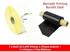 Barcode Bundle. 2000 50 x 25mm White labels plus 1 x 64mm x 74m Wax Ribbon.  