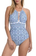 La Blanca L77705 Womens Blue High-Neck Keyhole One Piece Swimsuit Size 14