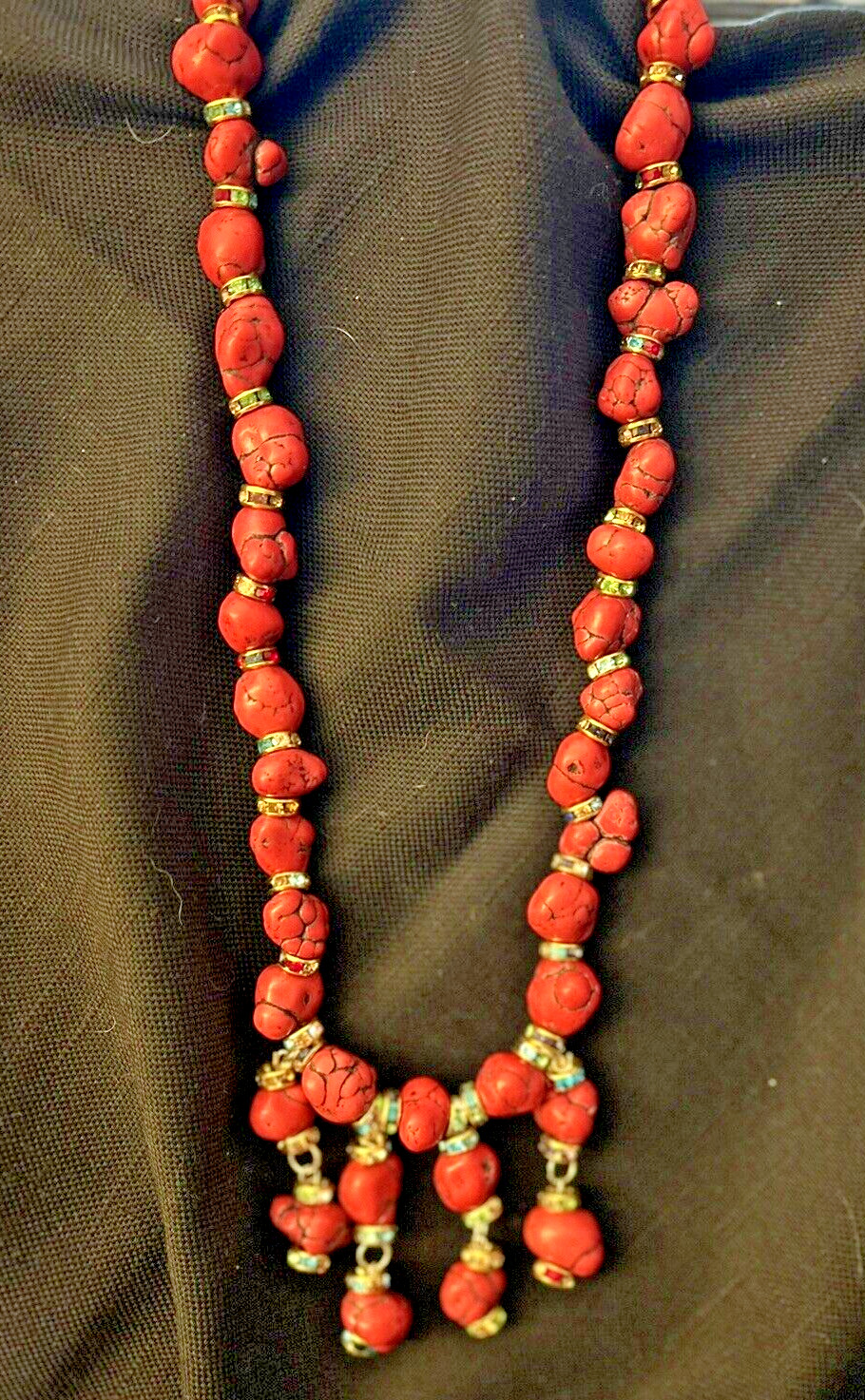 Statement Red Turquoise Chunky Bead  Necklace Rhi… - image 1