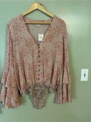 Free People Floral Lace-Trim V-Neck Body Suit - Dusty Rose Bell Sleeves S NWT