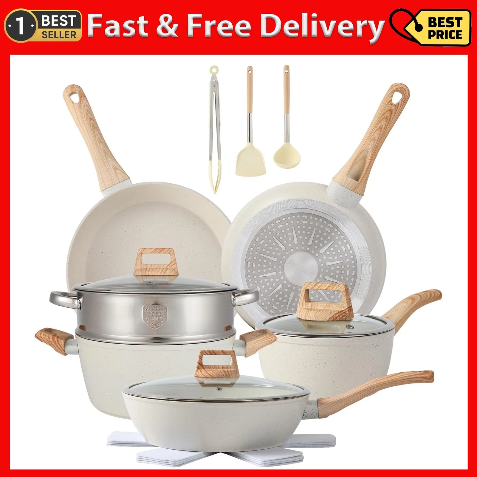 16PCS Pots and Pans Set Non Stick Cookware Set Nonstick with Cooking Set (White,