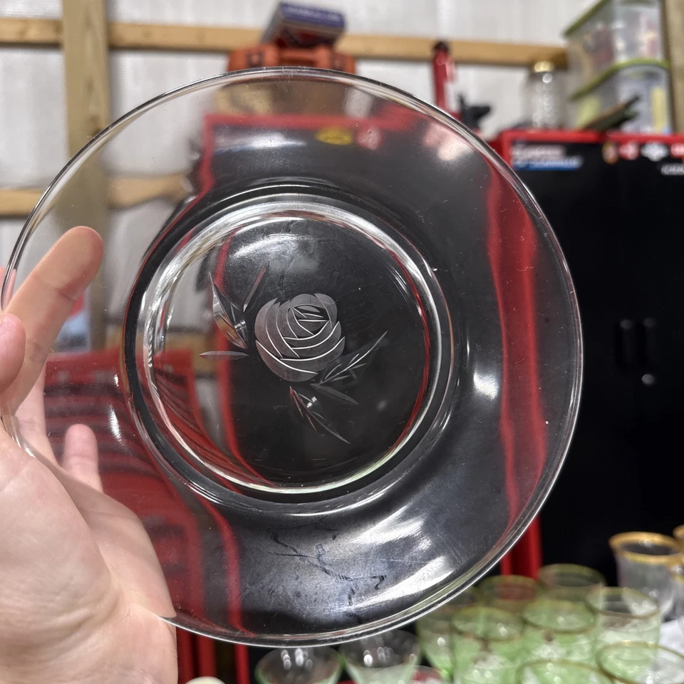 Set of 4 Vintage Fostoria Crystal ROSE ETCH Glass Salad Plates 7.5” - Image 4 of 4