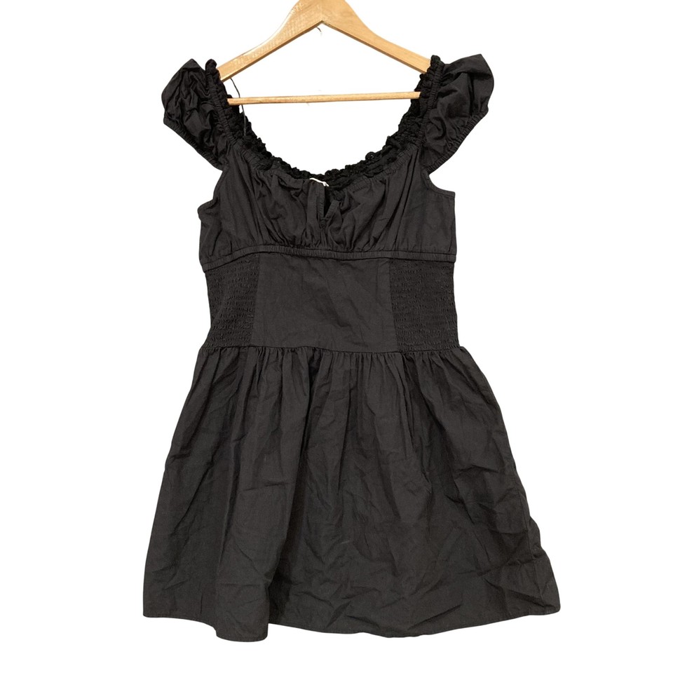 Cotton On Dress Womens 14 Black Fit & Flare Mini Puff Sleeve Smocked Ruffle