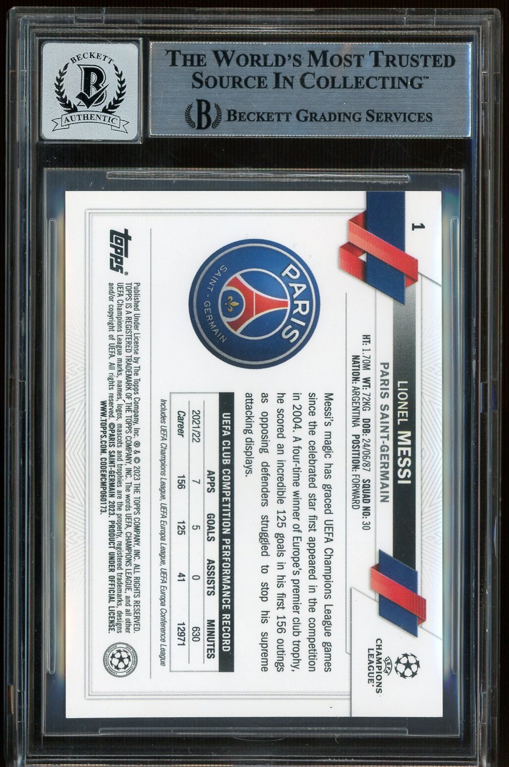 Lionel Messi Signed 2022-23 Topps Chrome Blue Lava Refractor PSG BGS BAS 10 AUTO view 3