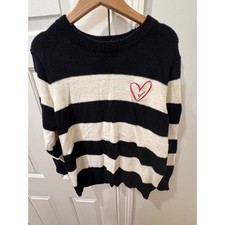 Calligraphie Womens 1X Stripe Heart Love Sweater Black White Fuzzy Knit Pullover
