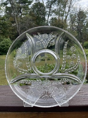 Embossed Divided Relish Dish 5 Sections Clear Glass with Florals 11.5 