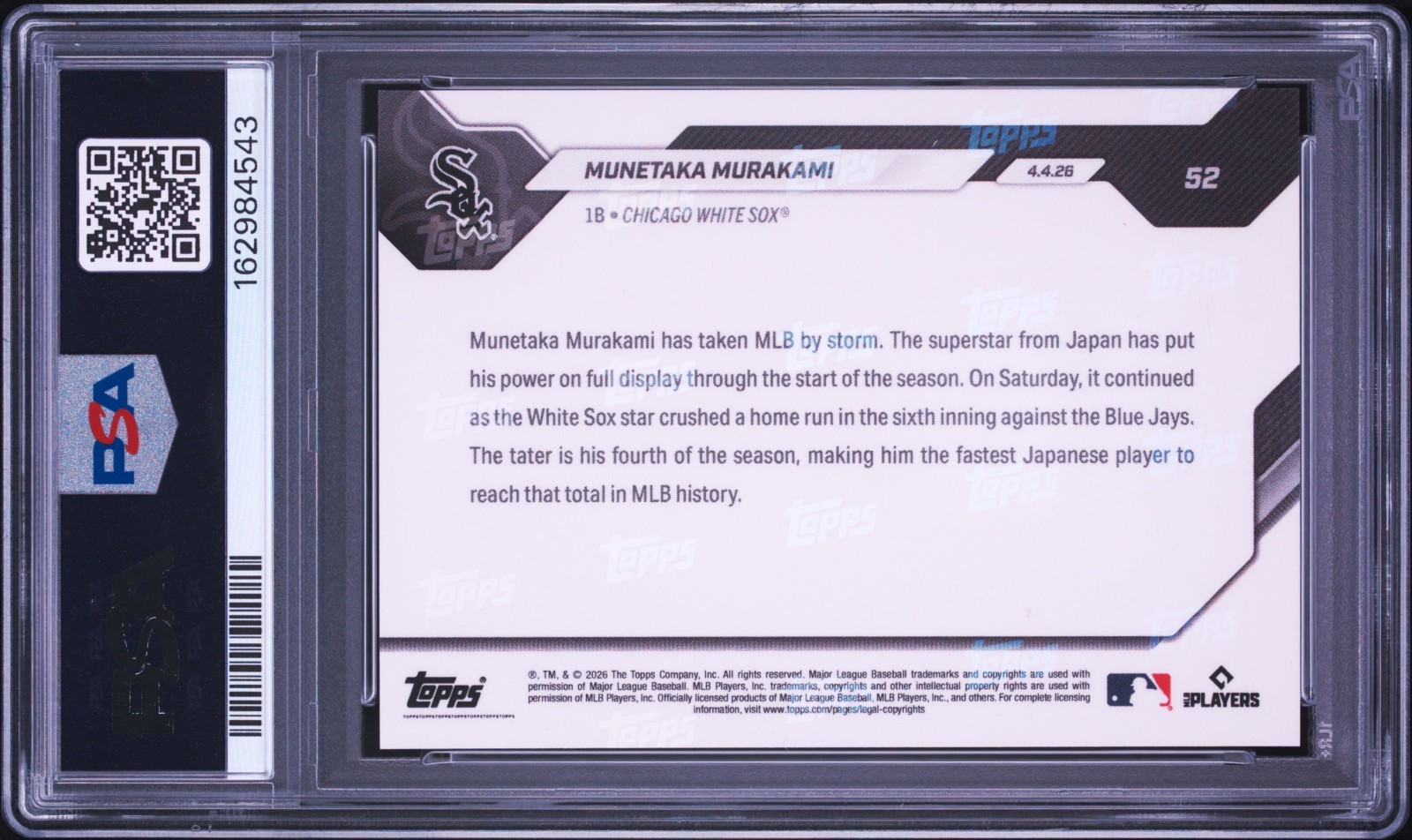 MUNETAKA MURAKAMI RC 2026 TOPPS NOW ROOKIE #52 PSA 10 GEM MINT WHITE SOX view 2