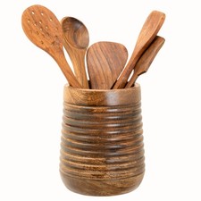 Rustic 7'' Large Utensil Crock Holder for Kitchen Countertop | Wooden Cooking...