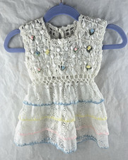 Vintage Handmade Baby Dress White Crochet W/ Lace Skirt  Ribbon/Flower Details