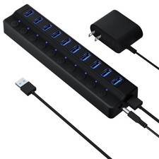 Powered USB Hub 3.0 10-Port USB Splitter Hub with Individual On/Off Switches