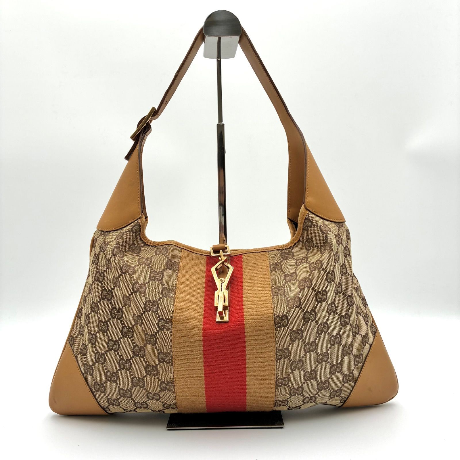 GUCCI Jackie GG Canvas Shoulder Bag Medium Beige Gold Hardware Vintage Authentic