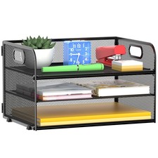 3 Tier Paper Organizer Tray with Handle, Mesh Letter Tray for Office, Home, S...