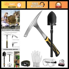 26oz Rock Pick Tool Kit - 12" Folding Shovel, Survival Bracelet, Safety Glasses,
