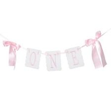 Bow High Chair Banner for First Birthday Party, Pink Embroidered One Banner,