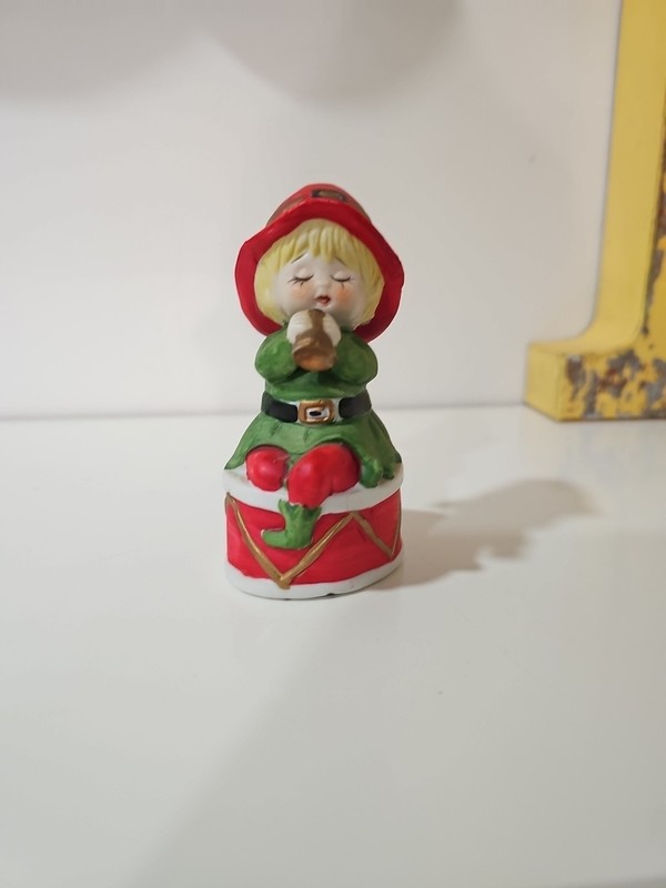 Used Vintage Jasco Fine Bisque Porcelain Christmas Figurine Bell 1970s 
