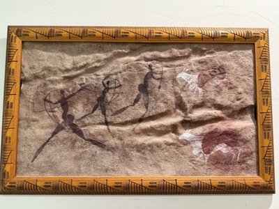 SEAN CAULFIELD PRIMITIVE AFRICAN ROCK ART ORIG. SIGNED PAINTING 31''x19'' Framed
