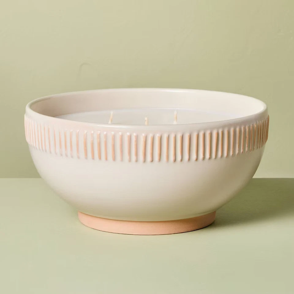 5-Wick Rim Stripe Ceramic Citronella Scented Bowl Candle 42oz Cream - Hearth