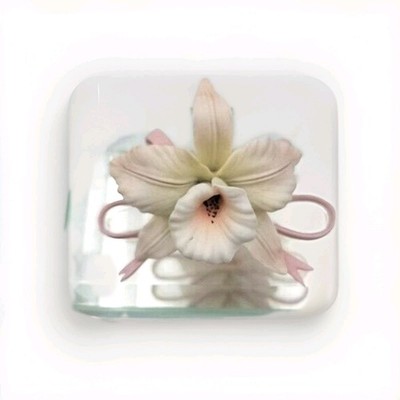 Vtg. George Good Beveled Glass Trinket Jewelry Box Orchid Flower Mirrored Bottom