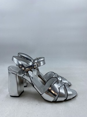 Prada Metallic Silver Leather Ankle Strap Block Heel W 6.5 | eBay