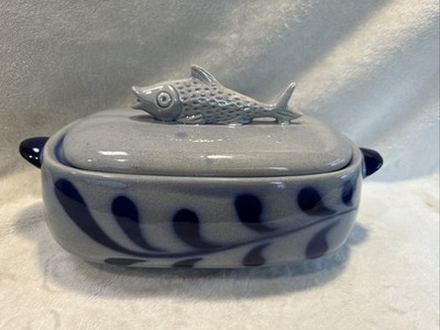 Vintage German Gerzit Stoneware Fish Terrine Lidded Dish 12 x6  Antique Kitchen 