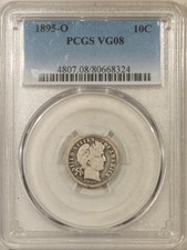 1895-O BARBER DIME - PCGS VG-8, KEY-DATE!