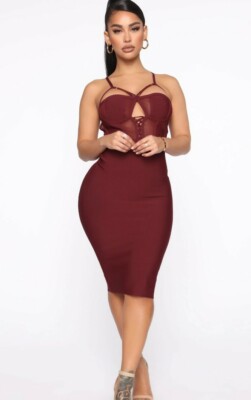Fashion Nova Burgundy Bandage Midi Dress Size Large | eBay