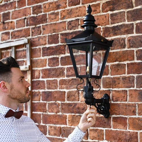 Black Victorian Wall Mounted Lantern on Bracket - 69cm Outdoor Garden Wall Light - Picture 3 of 5