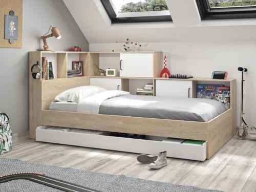 Bed with storage & drawer - 90 x 200 cm - natural colors & white - ARMAND-