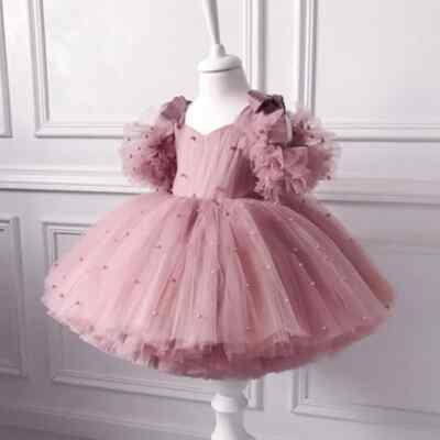 New 0-5Y Baby Girl Dress Pearl Mesh Princess Dress Tutu Bow Birthday Party  Dress | eBay