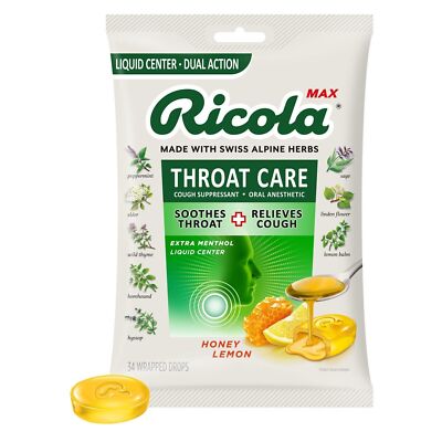 Ricola Max Throat Care Honey Lemon 34 Wrapped Drops