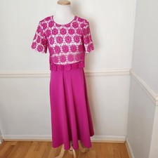 ASOS Dress Sz 2 Womens Pink Midi Crochet Cocktail Party Fit N Flare Short Sleeve