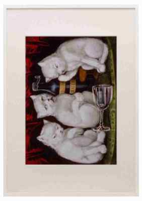 Currier & Ives Three Jolly Kittens after the feast c1871 A3 A4 gerahmter Druck Bild