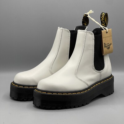 Doc Martens Men's 5 Boots Platform White Leather Women's 6 Quad Chelsea Dr