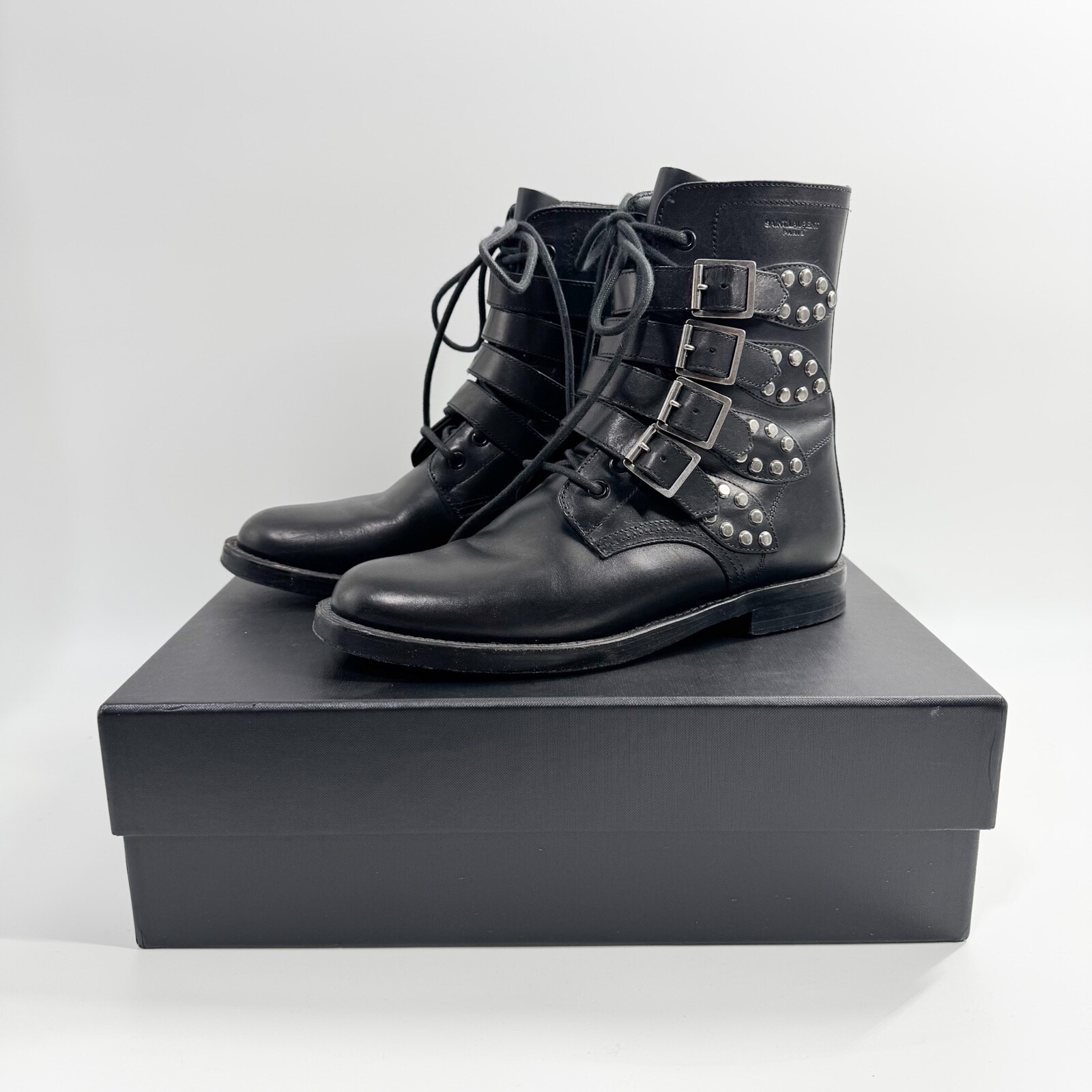 Stivali Rangers Saint Laurent in pelle nera con borchie e cinturino 39